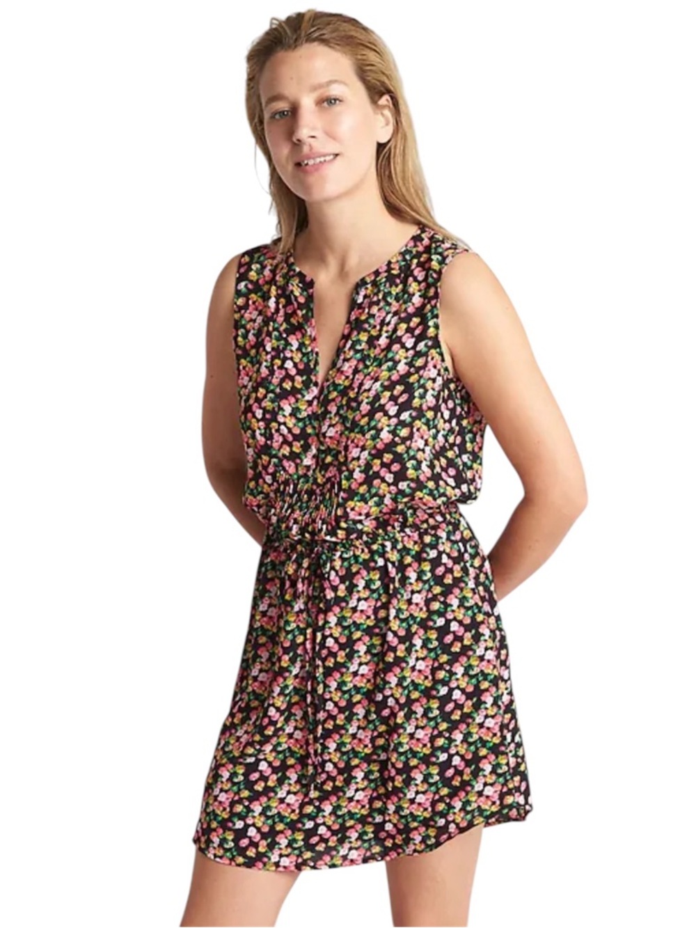 GAP Black Floral Mini Dress with Pink, Yellow & Green Accents